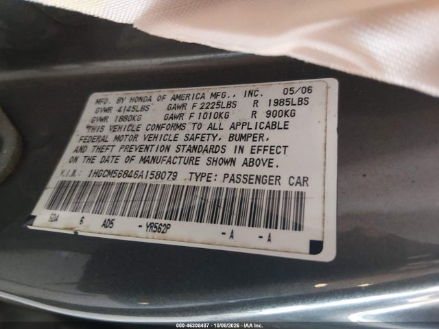 Aukcja sprzedaży 2006 Honda Accord 2.4 Ex, vin: 1HGCM56846A158079, numer aukcji: 46308487