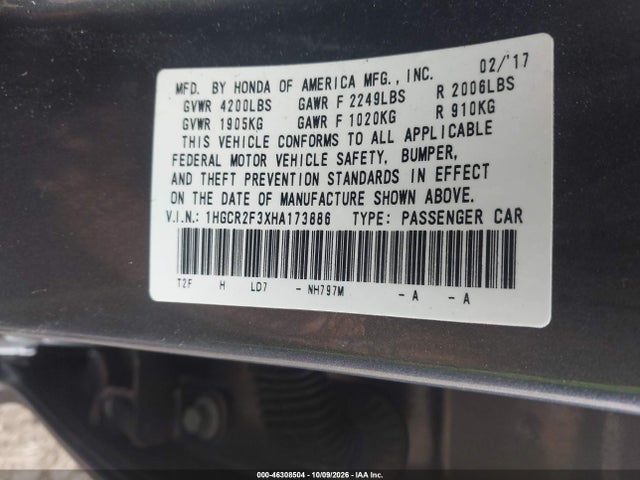 Aukcja sprzedaży 2017 Honda Accord Lx, vin: 1HGCR2F3XHA173886, numer aukcji: 46308504