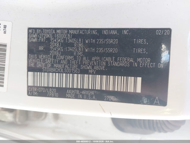 Aukcja sprzedaży 2020 Toyota Highlander Hybrid Limited, vin: 5TDXBRCH3LS001563, numer aukcji: 46308512