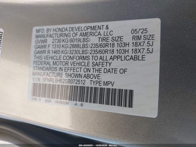Продаж на аукціоні авто 2025 Honda Odyssey Ex-l, vin: 5FNRL6H62SB072512, номер лоту: 46308551