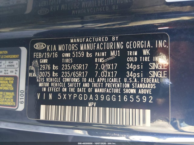 46308558 :رقم المزاد ، 5XYPGDA39GG165592 vin ، 2016 Kia Sorento 2.4l Lx مزاد بيع