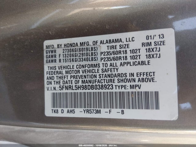 Aukcja sprzedaży 2013 Honda Odyssey Touring/touring Elite, vin: 5FNRL5H98DB038923, numer aukcji: 46308562