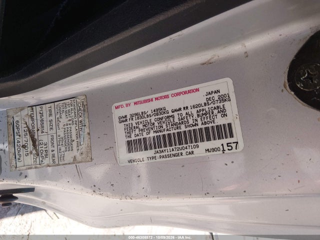 46308572 :رقم المزاد ، JA3AY11A72U047109 vin ، 2002 Mitsubishi Mirage De مزاد بيع