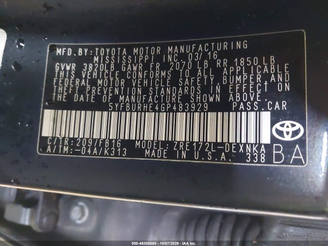 46308580 :رقم المزاد ، 5YFBURHE4GP483929 vin ، 2016 Toyota Corolla Le مزاد بيع