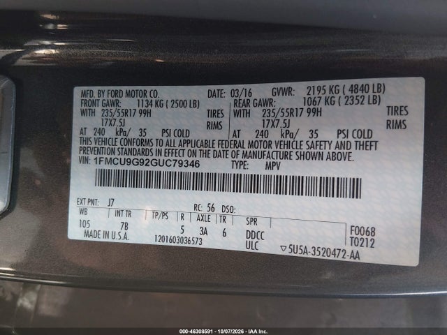 2016 Ford Escape Se მანქანა იყიდება აუქციონზე, vin: 1FMCU9G92GUC79346, აუქციონის ნომერი: 46308591