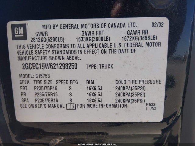 Продажа на аукционе авто 2002 Chevrolet Silverado 1500, vin: 2GCEC19W621298250, номер лота: 46308601
