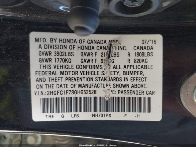 2016 Honda Civic Ex-l მანქანა იყიდება აუქციონზე, vin: 2HGFC1F78GH652528, აუქციონის ნომერი: 46308643