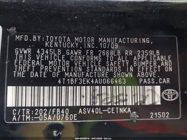 Продажа на аукционе авто 2010 Toyota Camry Le, vin: 4T1BF3EK4AU066463, номер лота: 46308679