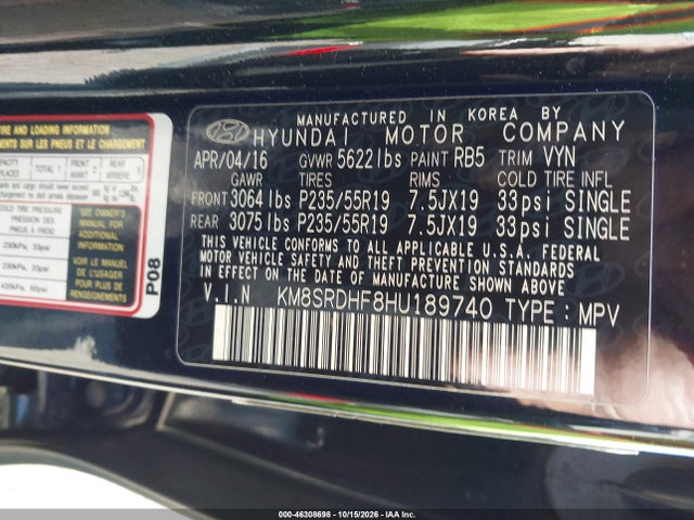 2017 Hyundai Santa Fe Se Ultimate მანქანა იყიდება აუქციონზე, vin: KM8SRDHF8HU189740, აუქციონის ნომერი: 46308698