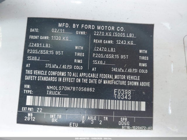 46308703 :رقم المزاد ، NM0LS7DN7BT056862 vin ، 2011 Ford Transit Connect Xlt مزاد بيع