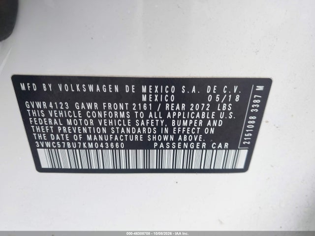 Aukcja sprzedaży 2019 Volkswagen Jetta 1.4t R-line/1.4t S/1.4t Se, vin: 3VWC57BU7KM043660, numer aukcji: 46308708