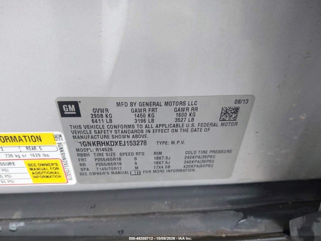 2014 Chevrolet Traverse 2lt მანქანა იყიდება აუქციონზე, vin: 1GNKRHKDXEJ153278, აუქციონის ნომერი: 46308712