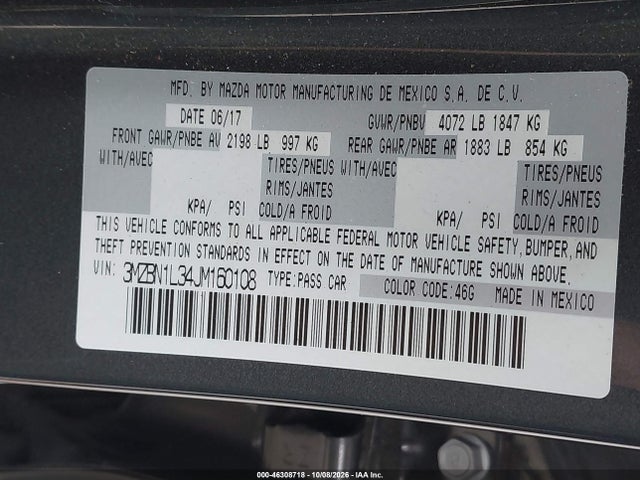 46308718 :رقم المزاد ، 3MZBN1L34JM160108 vin ، 2018 Mazda Mazda3 Touring مزاد بيع