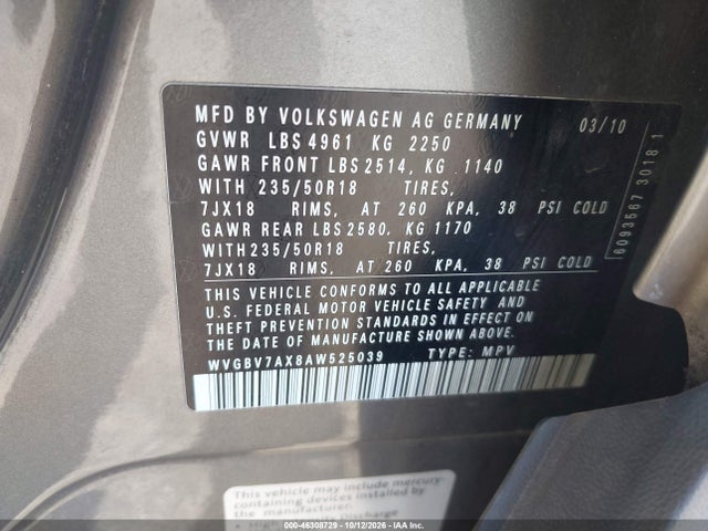 2010 Volkswagen Tiguan Sel მანქანა იყიდება აუქციონზე, vin: WVGBV7AX8AW525039, აუქციონის ნომერი: 46308729