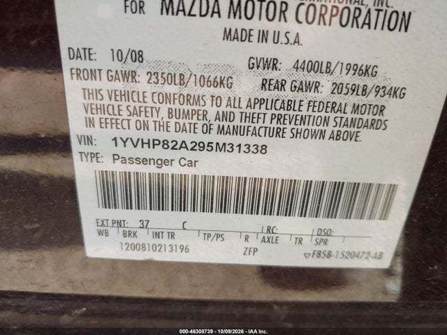 2009 Mazda Mazda6 I Touring მანქანა იყიდება აუქციონზე, vin: 1YVHP82A295M31338, აუქციონის ნომერი: 46308739