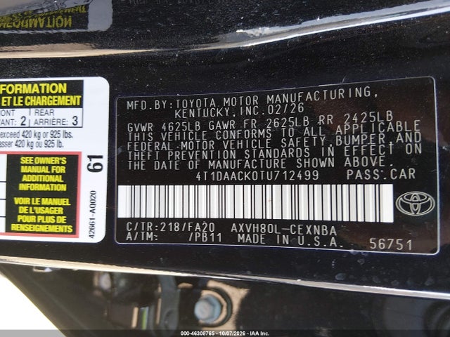 Продажа на аукционе авто 2026 Toyota Camry Le, vin: 4T1DAACK0TU712499, номер лота: 46308765