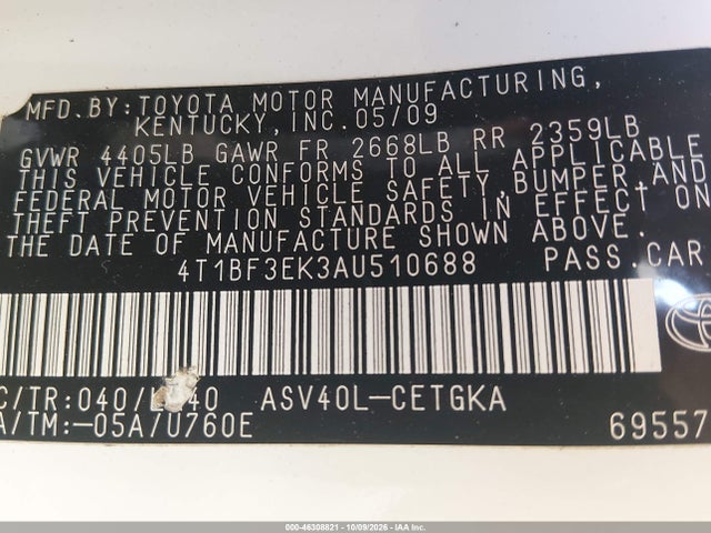 2010 Toyota Camry Xle მანქანა იყიდება აუქციონზე, vin: 4T1BF3EK3AU510688, აუქციონის ნომერი: 46308821