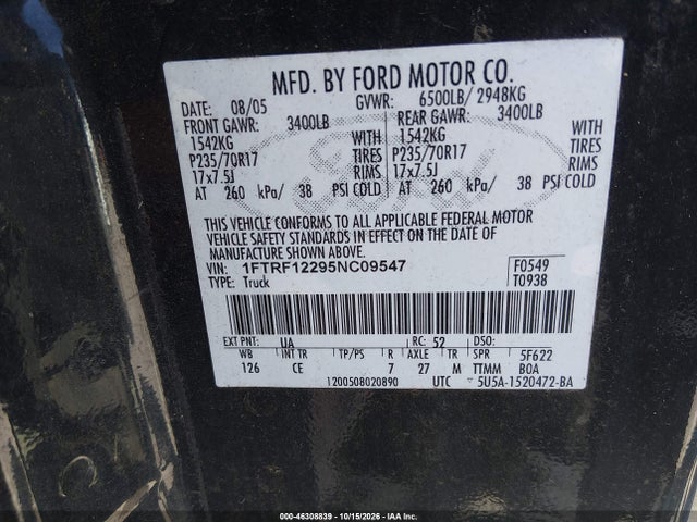 Aukcja sprzedaży 2005 Ford F-150 Stx/xl/xlt, vin: 1FTRF12295NC09547, numer aukcji: 46308839