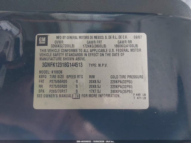 Aukcja sprzedaży 2008 Chevrolet Avalanche 1500 Ltz, vin: 3GNFK12318G144513, numer aukcji: 46308852