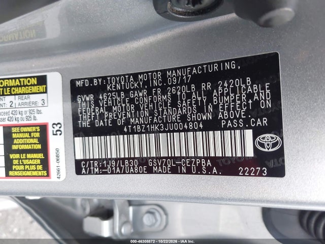 4T1BZ1HK3JU004804 Toyota Camry Xse V6