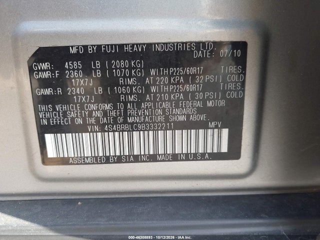 Продаж на аукціоні авто 2011 Subaru Outback 2.5i Limited, vin: 4S4BRBLC9B3332211, номер лоту: 46308893