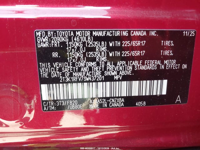 2025 Toyota Rav4 Le მანქანა იყიდება აუქციონზე, vin: 2T3K1RFV7SW437201, აუქციონის ნომერი: 46308917