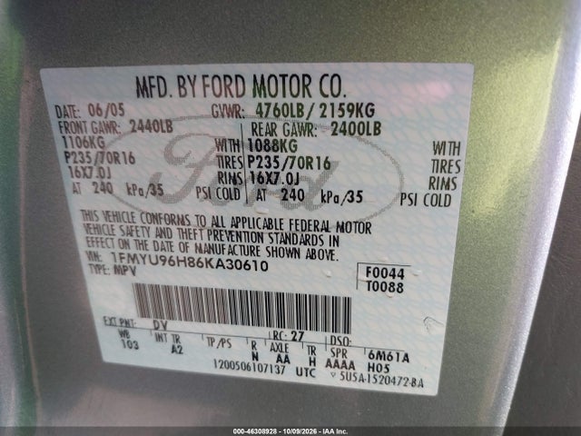 Aukcja sprzedaży 2006 Ford Escape Hybrid, vin: 1FMYU96H86KA30610, numer aukcji: 46308928