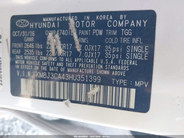 Aukcja sprzedaży 2017 Hyundai Tucson Se, vin: KM8J3CA43HU351399, numer aukcji: 46308950