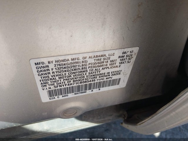 Продаж на аукціоні авто 2012 Honda Pilot Ex-l, vin: 5FNYF4H71CB085446, номер лоту: 46308959