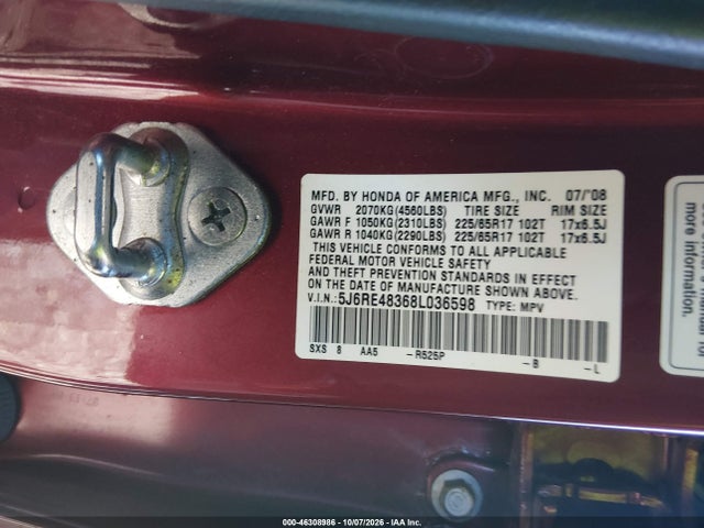 Продажа на аукционе авто 2008 Honda Cr-v Lx, vin: 5J6RE48368L036598, номер лота: 46308986