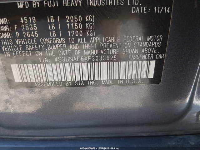 Продажа на аукционе авто 2015 Subaru Legacy 2.5i Premium, vin: 4S3BNAE6XF3033625, номер лота: 46309007