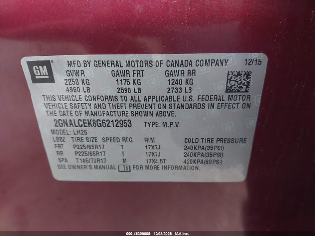 Aukcja sprzedaży 2016 Chevrolet Equinox Lt, vin: 2GNALCEK8G6212953, numer aukcji: 46309009