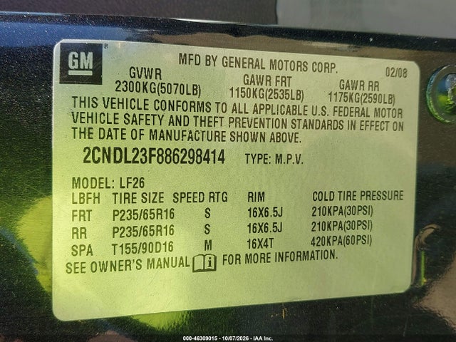 Aukcja sprzedaży 2008 Chevrolet Equinox Ls, vin: 2CNDL23F886298414, numer aukcji: 46309015