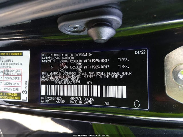 Aukcja sprzedaży 2022 Toyota 4runner Sr5, vin: JTEEU5JR3N5271578, numer aukcji: 46309017