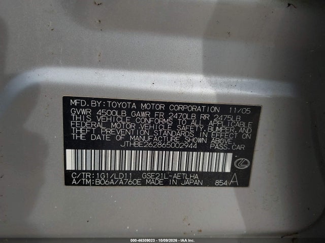 46309023 :رقم المزاد ، JTHBE262865002944 vin ، 2006 Lexus Is 350 مزاد بيع