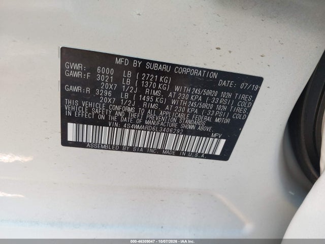 Продаж на аукціоні авто 2020 Subaru Ascent Touring, vin: 4S4WMARD6L3406292, номер лоту: 46309047