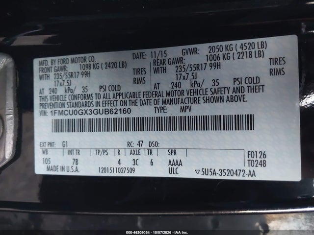 Продаж на аукціоні авто 2016 Ford Escape Se, vin: 1FMCU0GX3GUB62160, номер лоту: 46309054