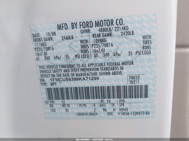 Продажа на аукционе авто 2009 Ford Escape Hybrid Limited, vin: 1FMCU59399KA71299, номер лота: 46309061