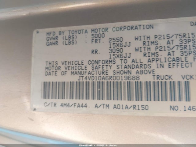 46309071 :رقم المزاد ، JT4VD10A6R0019688 vin ، 1994 Toyota T100 Dx مزاد بيع