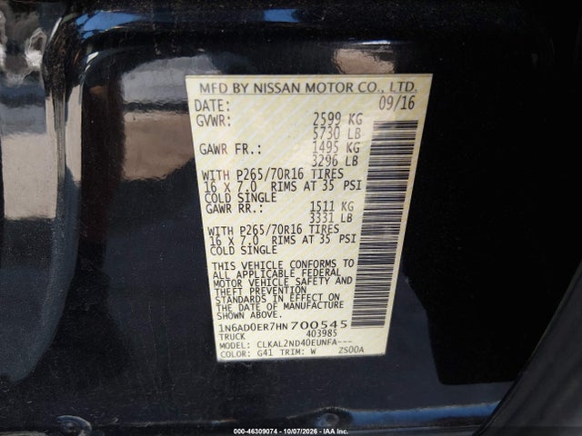 1N6AD0ER7HN700545 Nissan Frontier Sv
