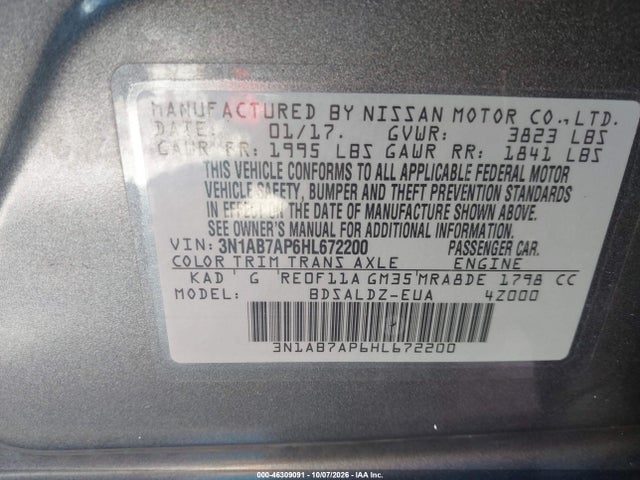 Продажа на аукционе авто 2017 Nissan Sentra Sv, vin: 3N1AB7AP6HL672200, номер лота: 46309091