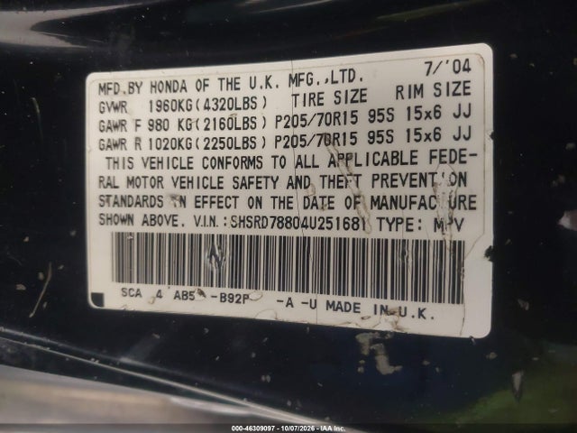 Aukcja sprzedaży 2004 Honda Cr-v Ex, vin: SHSRD78804U251681, numer aukcji: 46309097