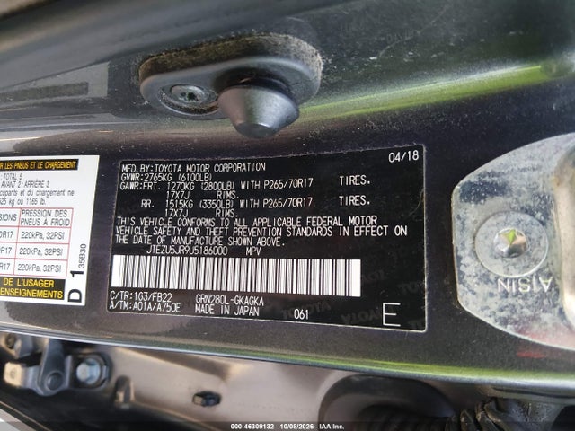 46309132 :رقم المزاد ، JTEZU5JR9J5186000 vin ، 2018 Toyota 4runner Sr5 مزاد بيع