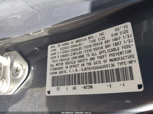 2010 Acura Rdx მანქანა იყიდება აუქციონზე, vin: 5J8TB1H24AA005136, აუქციონის ნომერი: 46309146