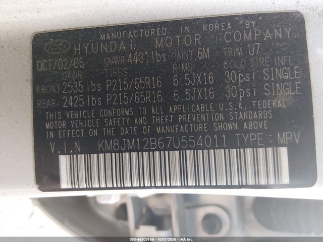 Продажа на аукционе авто 2007 Hyundai Tucson Gls, vin: KM8JM12B67U554011, номер лота: 46309166