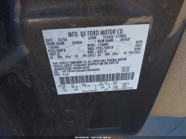 46309190 :رقم المزاد ، 1FTPW12546FB04265 vin ، 2006 Ford F-150 Lariat/xlt مزاد بيع