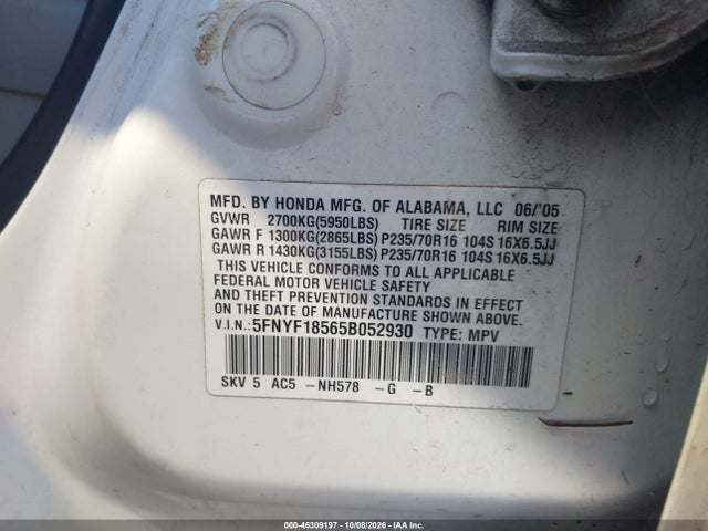 Aukcja sprzedaży 2005 Honda Pilot Ex-l, vin: 5FNYF18565B052930, numer aukcji: 46309197
