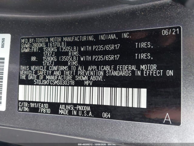 2021 Toyota Sienna Xle მანქანა იყიდება აუქციონზე, vin: 5TDJSKFC5MS030318, აუქციონის ნომერი: 46309212