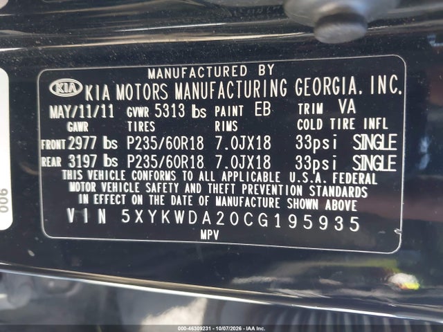 Продаж на аукціоні авто 2012 Kia Sorento Sx V6, vin: 5XYKWDA20CG195935, номер лоту: 46309231