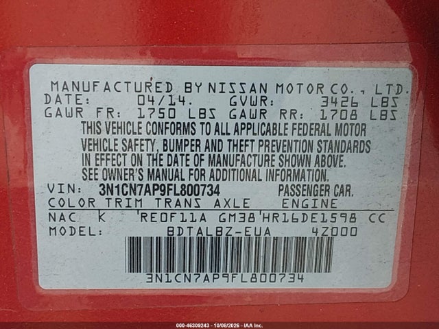 46309243 :رقم المزاد ، 3N1CN7AP9FL800734 vin ، 2015 Nissan Versa 1.6 Sv مزاد بيع